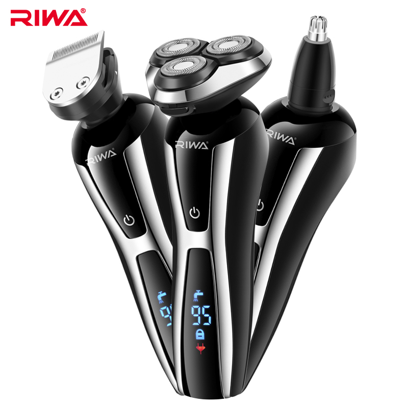 RIWA 3 in 1 Wasbare Oplaadbare Rotary Elektrisch Scheerapparaat Triple Blade Scheermes Neus Trimmer Voor Mannen Lcd-scherm