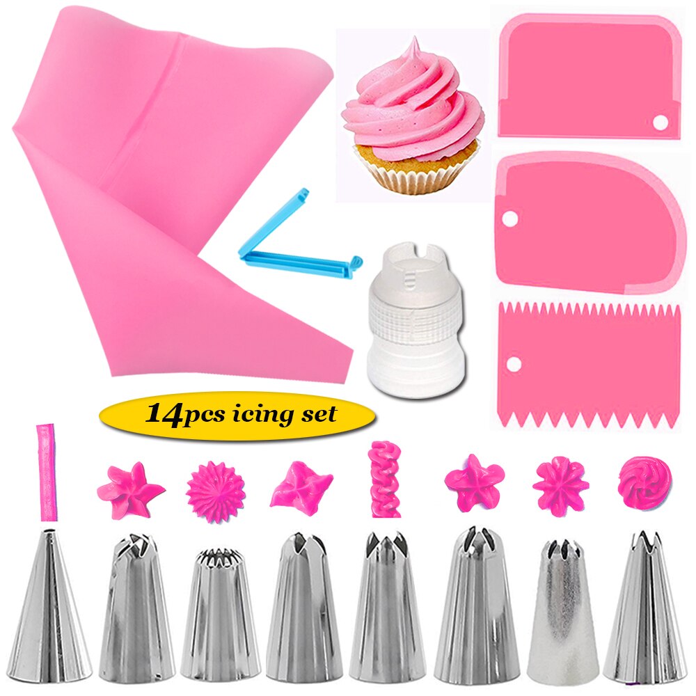 14 Stuks Cake Decorating Kit Rvs Piping Nozzle Tips Bakken Set Voor Cake Cookies Piping Nozzle Tips Bakken Set: pink