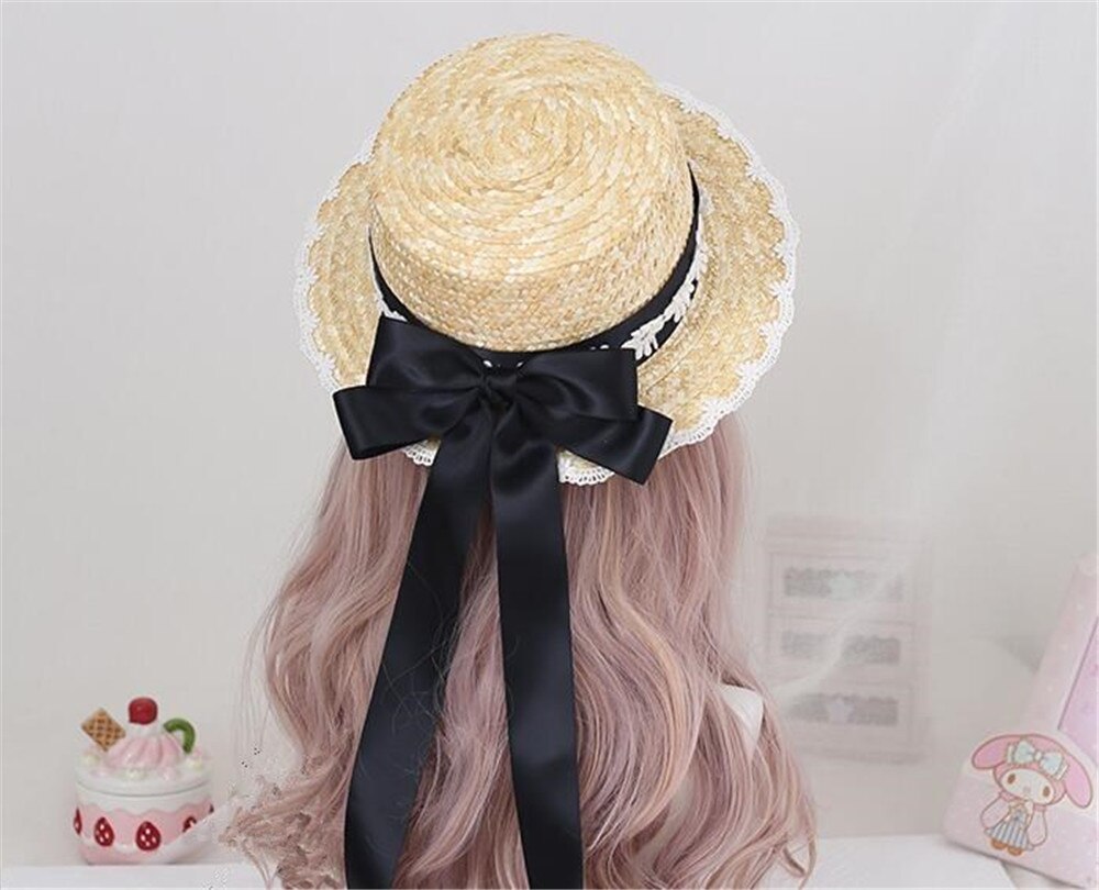 Mori Girl Cute Big Bow Lace Ribbon Lolita Straw Hat Sweet Princess Lolita Flat Cap Beach Cap B1527