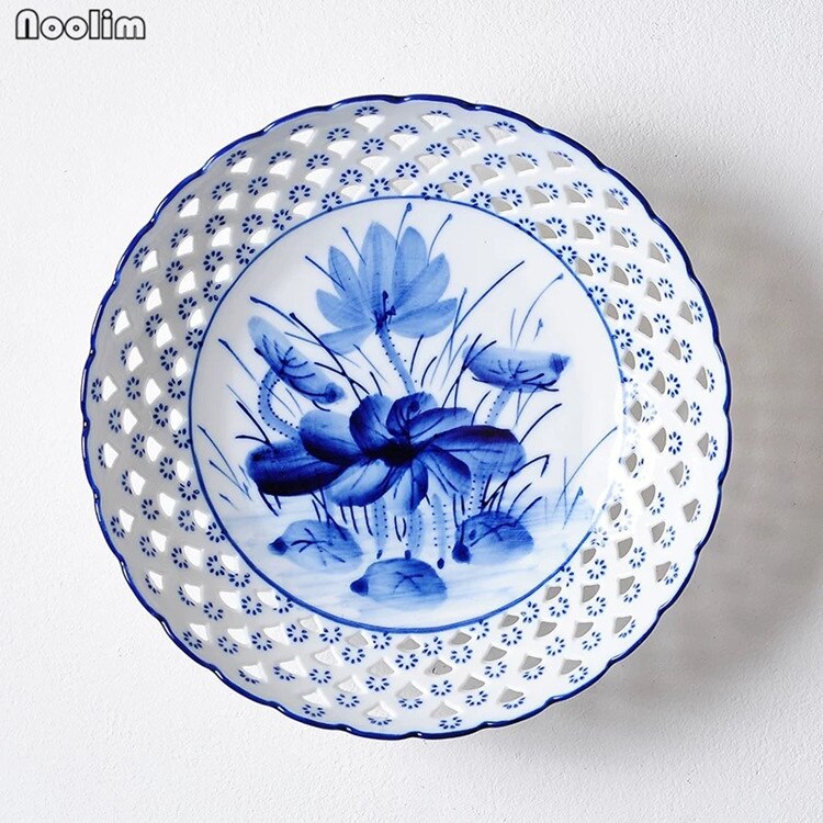 Fondo Chino de porcelana azul y blanca para porche, decoración creativa de pared con plato de ciruela para colgar en la sala de estar y el hogar,: D