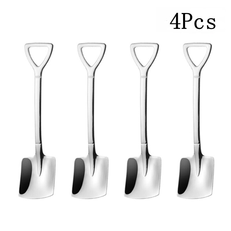 2/4PCS Coffee Spoon Cutlery Set Stainless Steel Retro Iron Shovel Ice Cream Spoon Scoop Spoon tea-spoon Tableware: 4Pcs Silver B