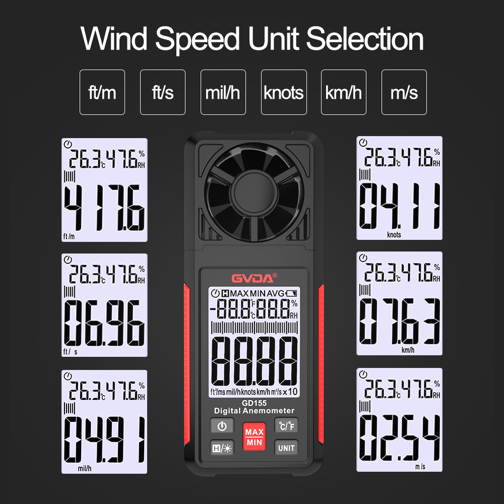 Gvda Digitale Anemometer Draagbare Windsnelheidsmeter Luchtsnelheidsmeter Windmeter Lcd Backlight Display Temperatuur Vochtigheidsmeter