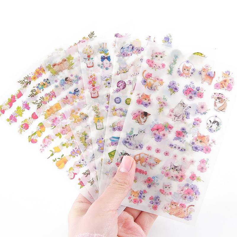 6 vellen DIY Kawaii PVC Bloem Stickers Cartoon Kat Briefpapier Stickers Scrapbooking Voor Decoratie Fotoalbum Dagboek