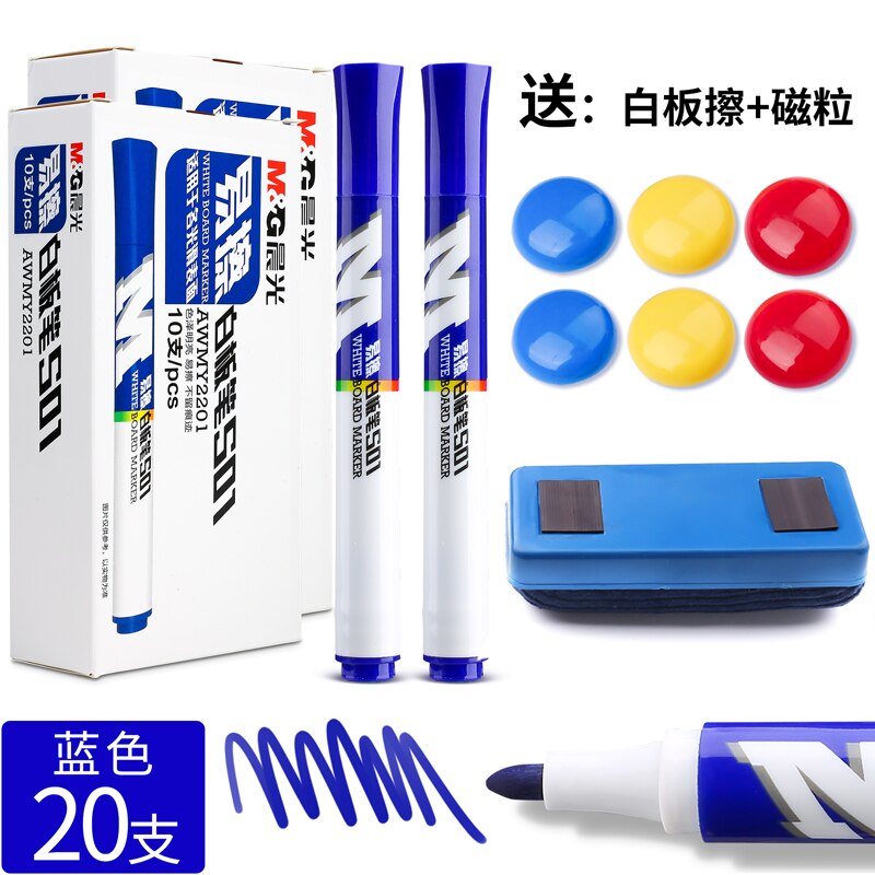 M &amp; G White Board Marker Zwart/Blauw/Rode Inkt Met Witte Boord Gum En Magnetische Blok Non-Irriterende Geur Voor Kits Office Supply: 20 Blue