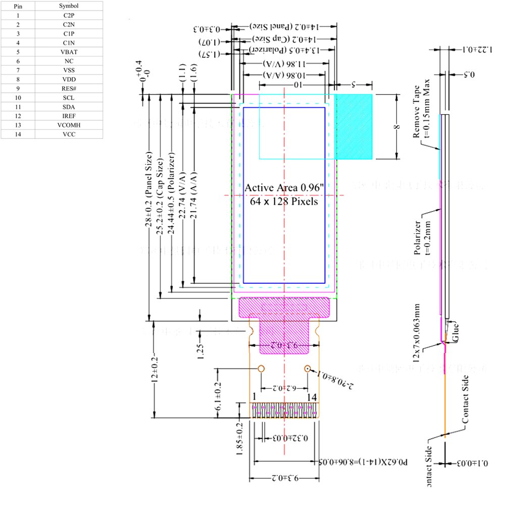 0.96 inch OLED Portrait display screen 128*64 IIC interface SDD1312 driver white