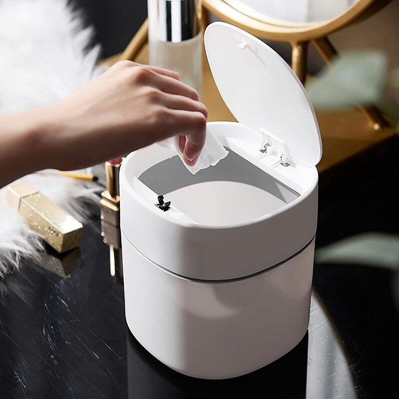 Mini Trash Can Desktop Waste Bin with Press-Open Lid Small Table Top Bin Graceful Round Corner Paper Bin for Home