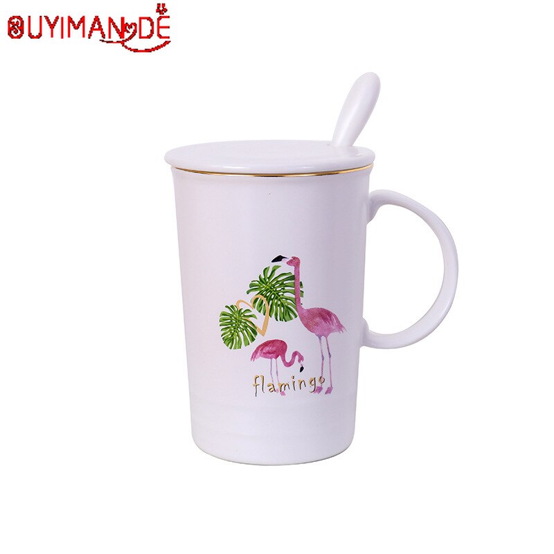 Tegneserie flamingo keramik kop nordisk stil guld kaffekop med låg med ske krus simpel kontor kaffe mælkekop
