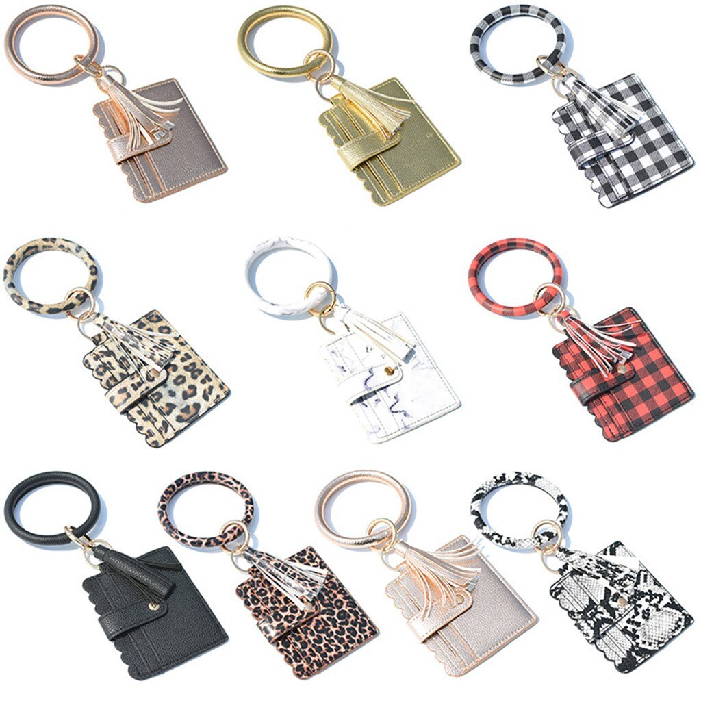 38#Large Bracelet Keychain Card Holder Wallets Tassel Bangle Key Ring Wallet With Wristband Casual PU Leather Hasp Card Purse