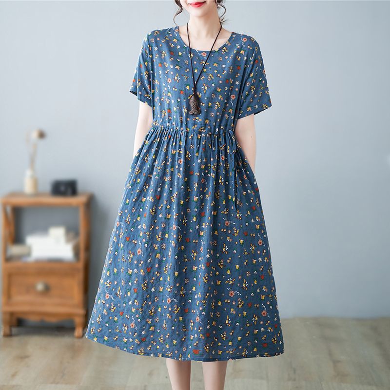 Summer Cotton Linen Literary Vintage Printing Loose Casual Robe Ladies Round Neck Lace Up Waist Dress Vestidos De Fiesta: XXXL / Beige