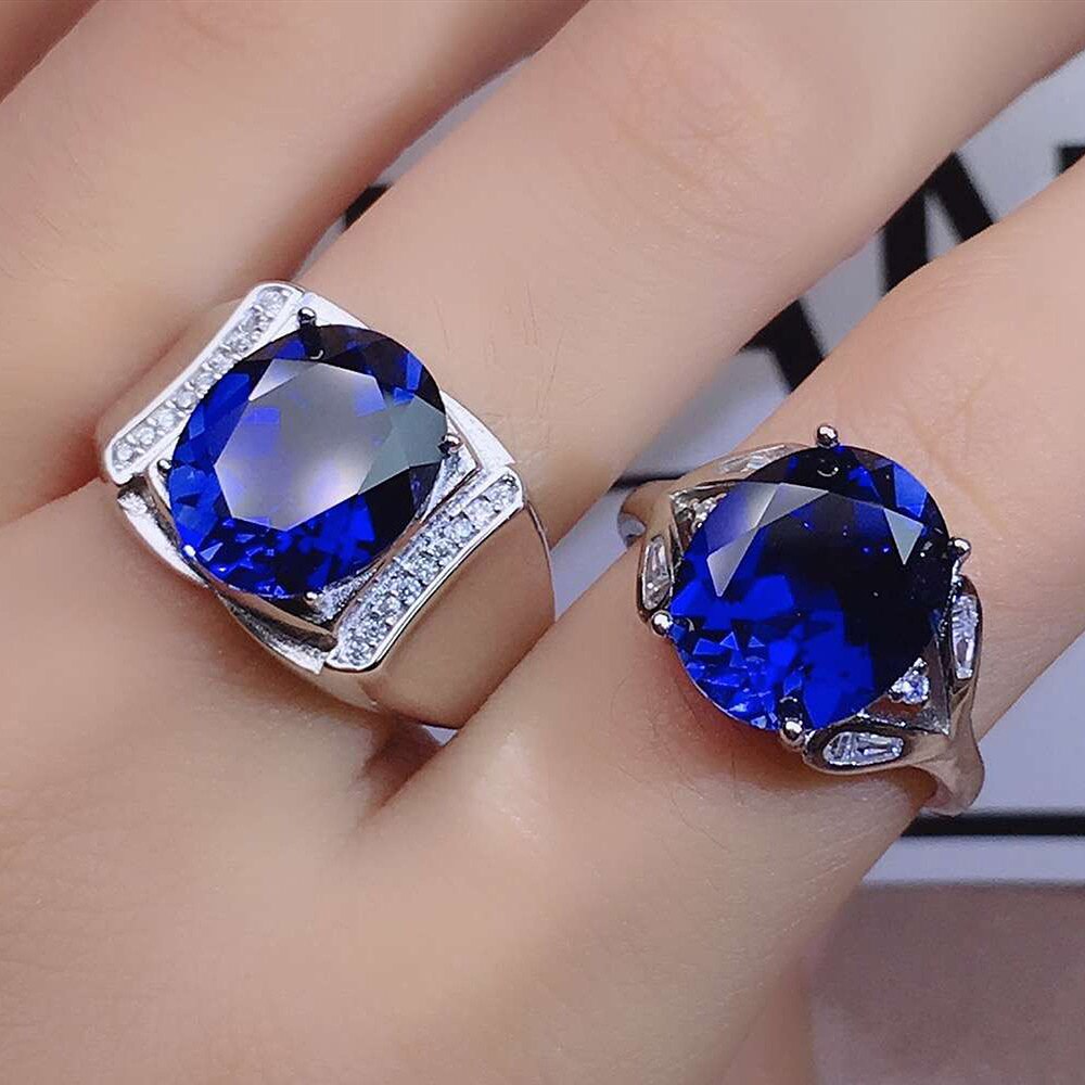 Blu di cristallo pietre preziose zaffiro anelli di diamanti per le donne degli uomini paio di bianco oro argento dei monili di colore bijoux bague regali di nozze