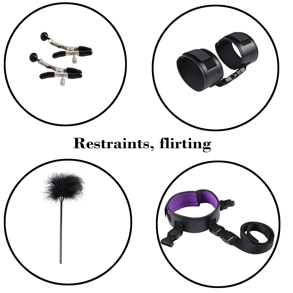 28 stks/set Vrouwen Mannen Speeltjes voor BDSM Spel Handboeien zweep touw Anale plug Mond plug Vibrator Erotische Accessoires Bondage set