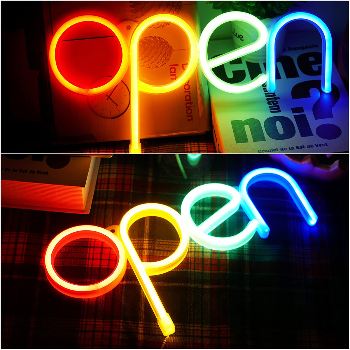 Insegna illuminata colorata portato Luce al neon aperta Decorazione Luci da lettera illuminare Luce al neon alimentata a batteria/USB per sbarra caffetteria