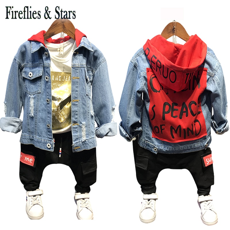 Printemps été garçons denim veste bébé manteau à capuche enfants hauts enfants vêtements déchiré rouge lettre patch 2 à 7 ans