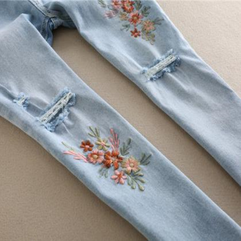 Sommer barsel elastisk hul broderet maveløft jeans talje justerbare gravide fødder bukser