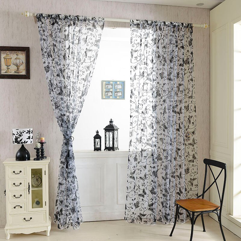 Cortina flocada para ventana, flores y mariposas con estampado de mosquitera, gasa de Color sólido, cortinas duraderas de para el hogar, Hotel y oficina