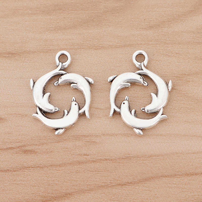 20 Pieces Tibetan Silver/Gold Color Dolphins Triple Dolphin Circle Round Charms Pendants for DIY Jewellery Making 20x16mm