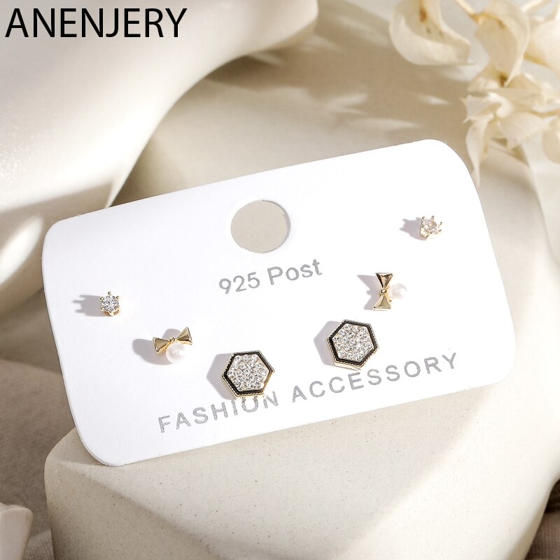 ANENJERY zierlich kubisch Zirkon Geometrische Hexagon Bowknot Zucht Ohrringe Für Frauen 6-Stück Ohrringe einstellen Geburtstag S-E1237