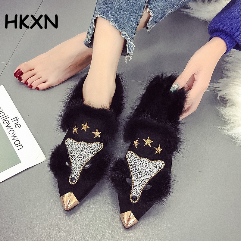 Neue Fuchs Pelz Stiefel frauen Strass Pelz Schuhe frauen Stiefeletten Flache Schuhe Herbst Winter Schwarze stiefel Schuhe frauen