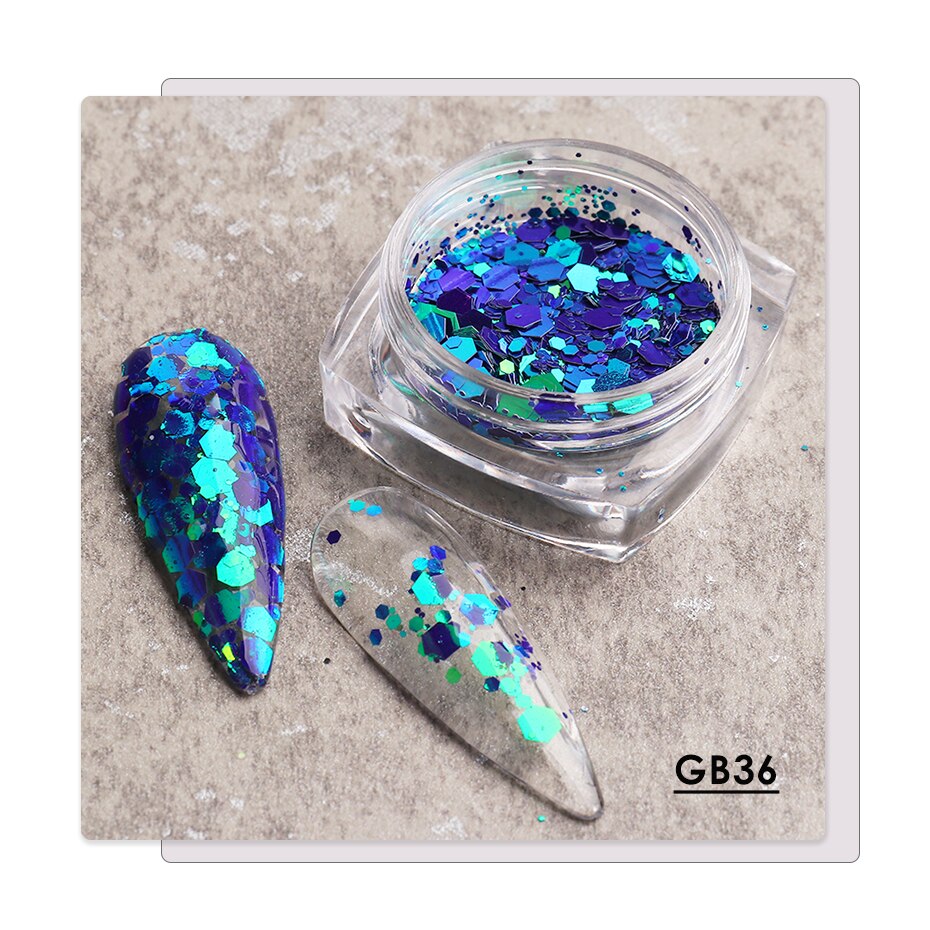 1 caja de Paillettes de uñas camaleón 3D, lentejuelas brillantes de sirena, lagarto, lentejuelas brillantes, arte de uñas hexagonales, decoraciones para manicura BE1904: GB36