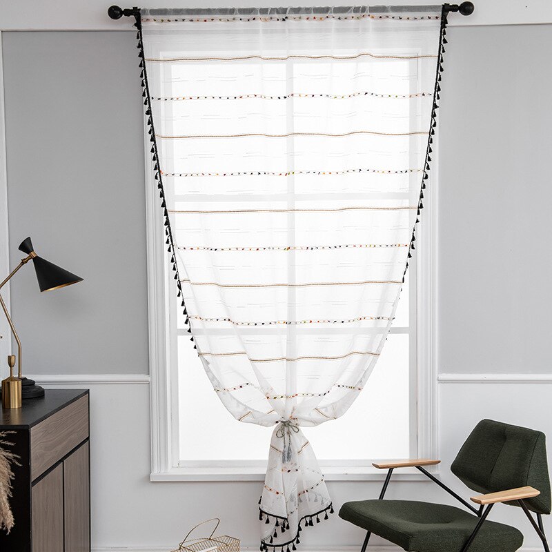 White Pom Pom Sheer Curtains For Girls Bedroom Living Room Tasseled Linen black Semi-Sheer Curtains Voile Panels