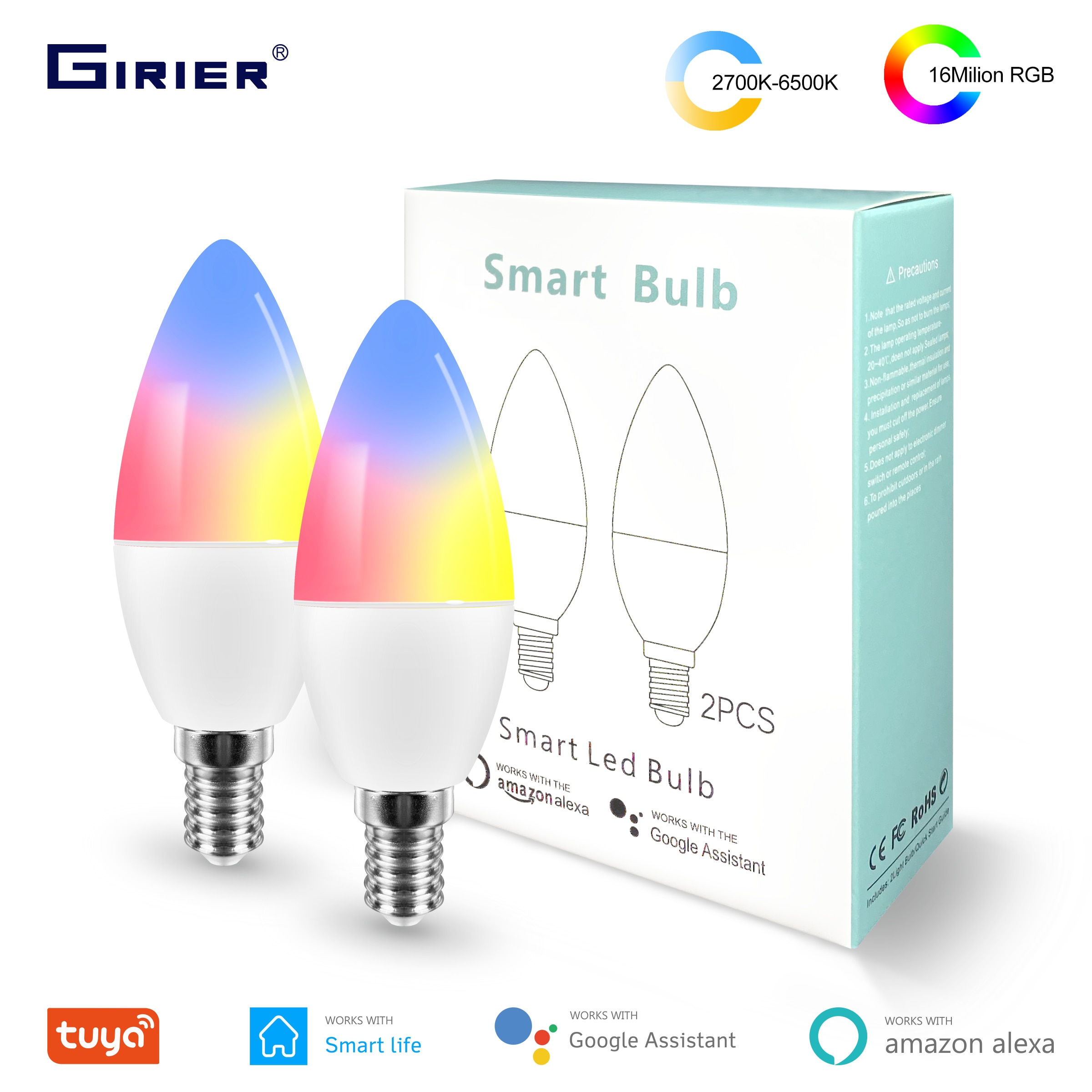 Tuya smart wifi led-pære 4w,  dimbar smart lyspære  e14 rgb 16 millioner farger, kompatibel med alexa google home smart life