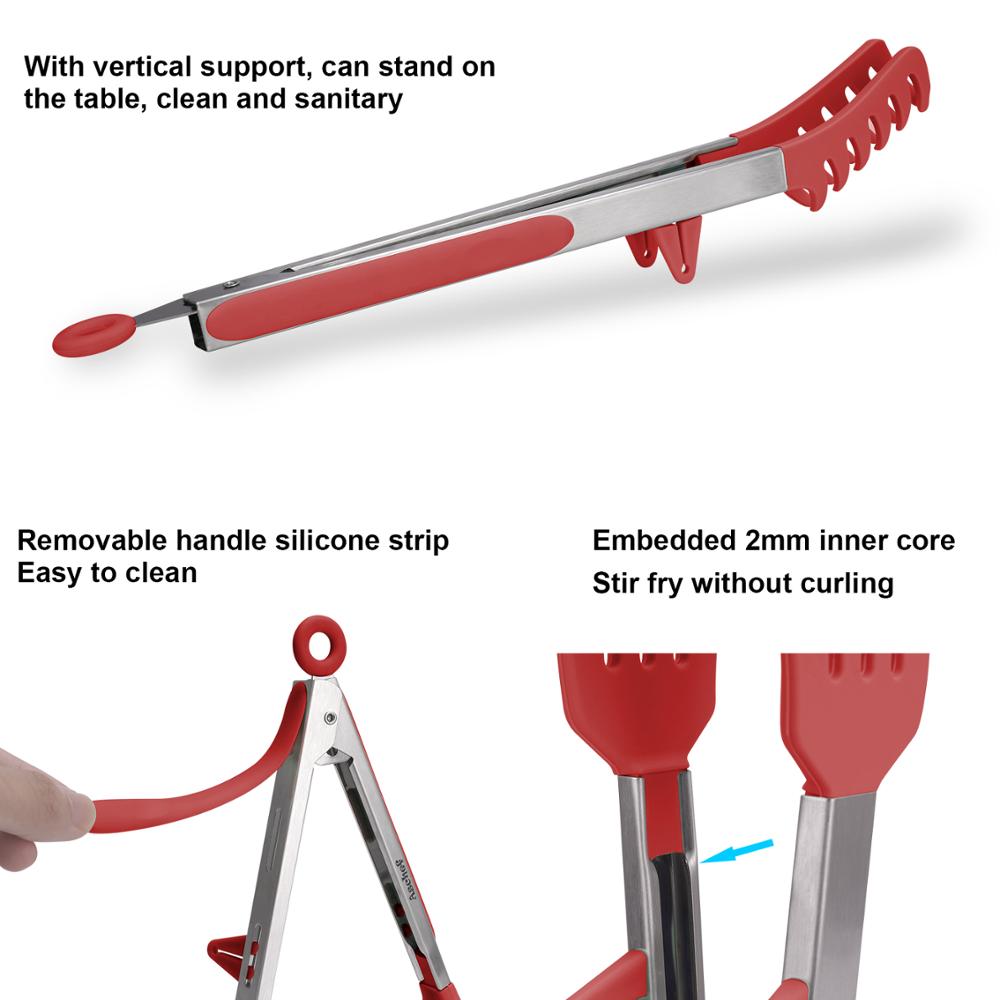 Kitchen Cooking Tongs 12 / 9 inch turner Heat Resistant Stainless Steel with Silicone Stand For Salad Pasta Steak