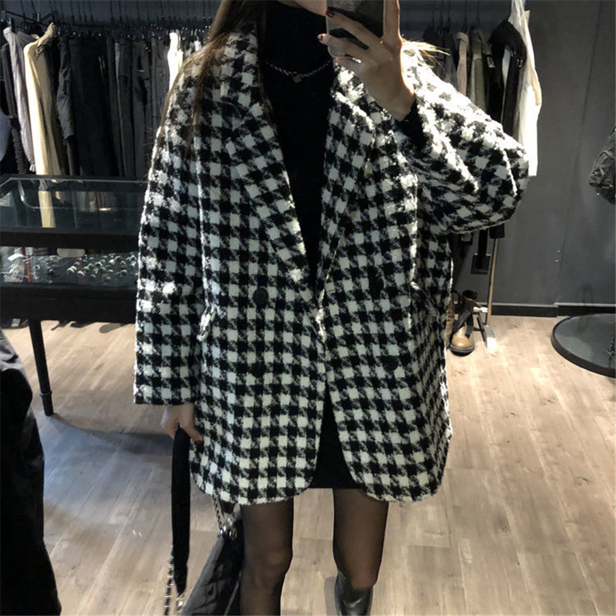 Casacos de inverno Vintage Houndstooth feminino, sobretudo com mistura de lã solta, peito duplo, jaqueta grossa luxuosa, quente, outono