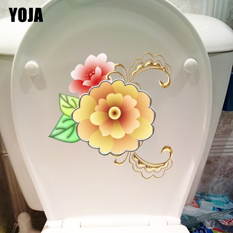 Yoja 22.4*22.7cm geel met goudgerande bloemen cartoon muurdecoratie toiletbril stickers  t1-0564