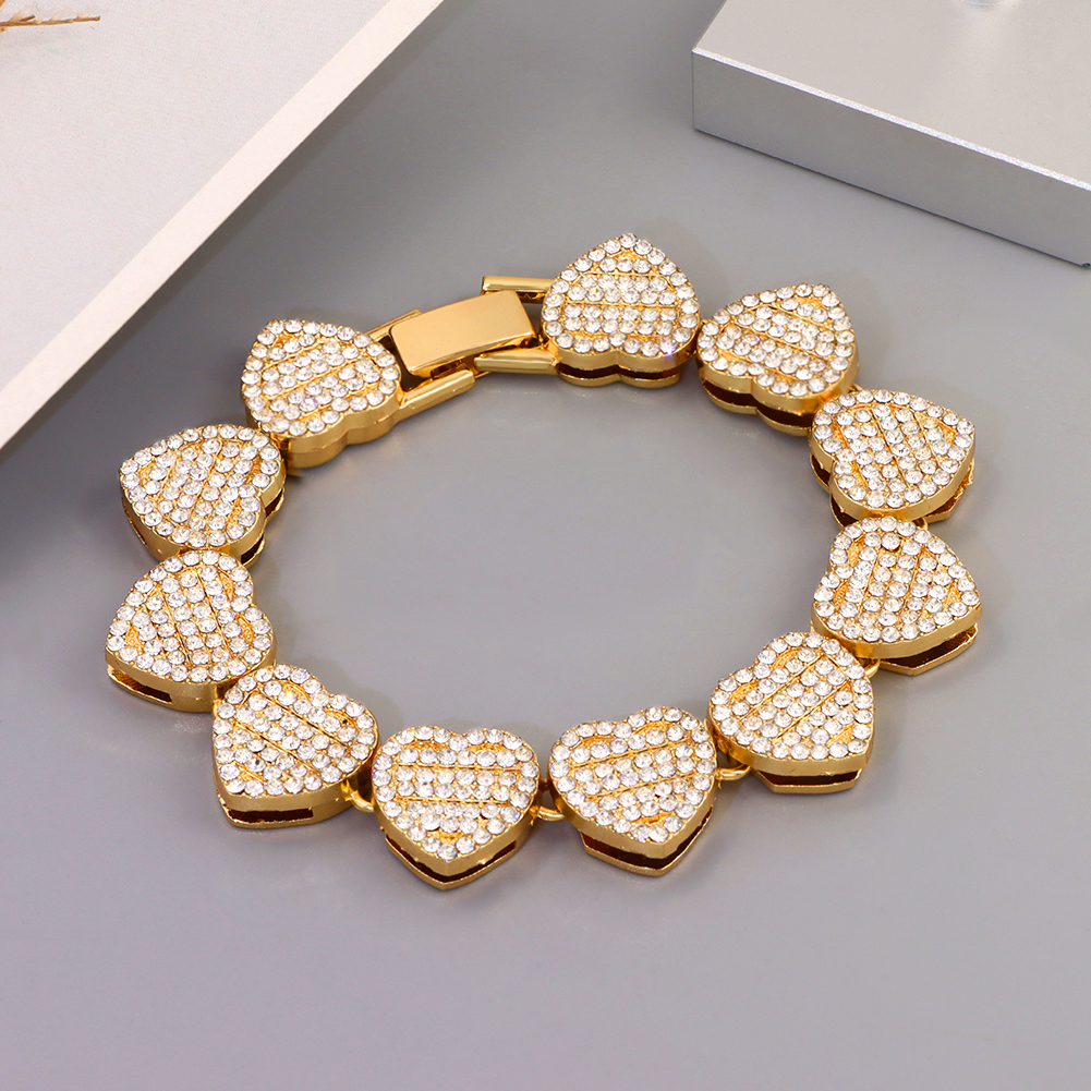 Crystal Heart Cuban Link Ketting Armband Voor Vrouwen Full Strass Hiphop Luxe Bling Chunky Armband Bruiloft Sieraden Cadeau