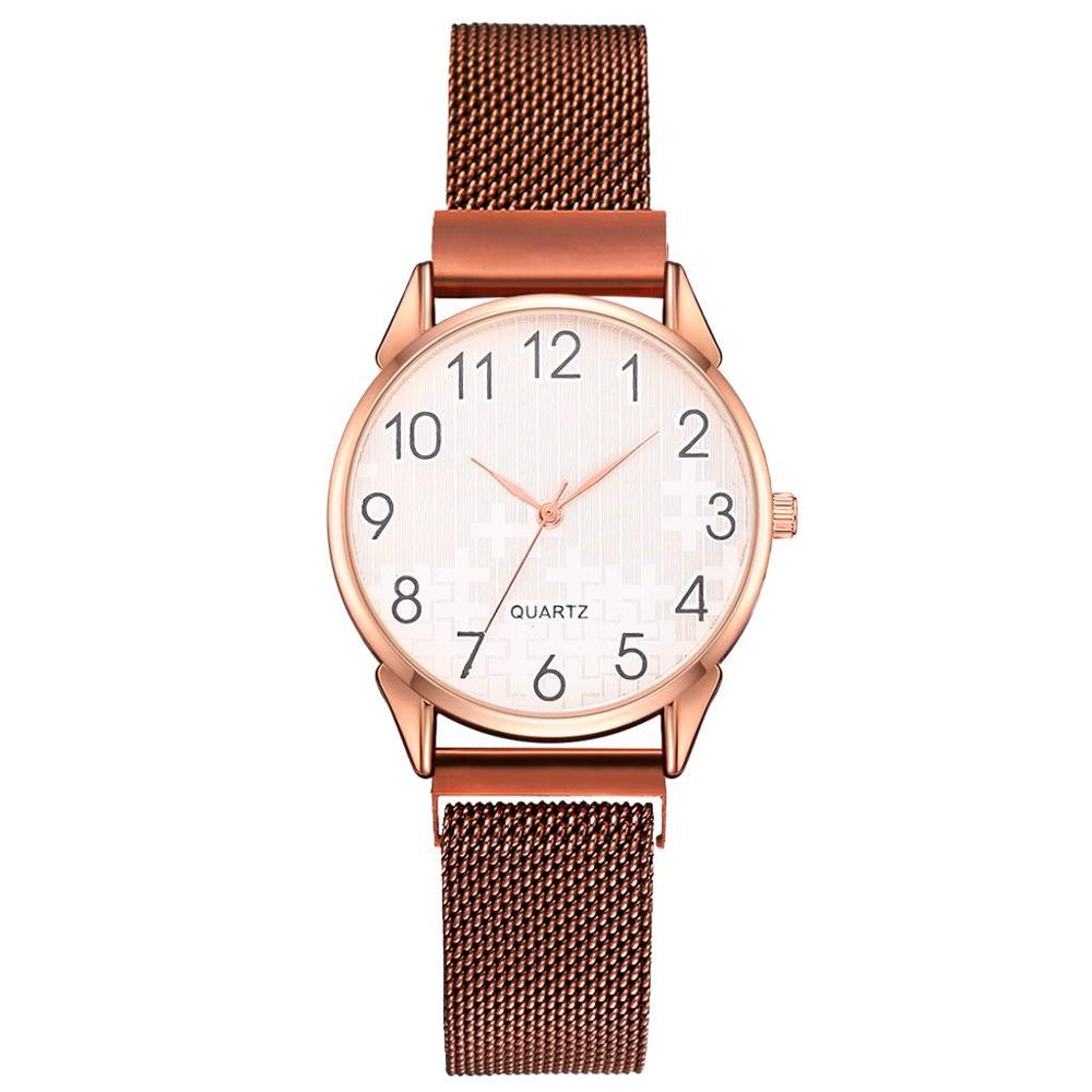 Ensemble de 2 montres pour femmes avec bracelet en maille magnétique et aimant en or, montres à quartz à chiffres arabes pour femmes: Café