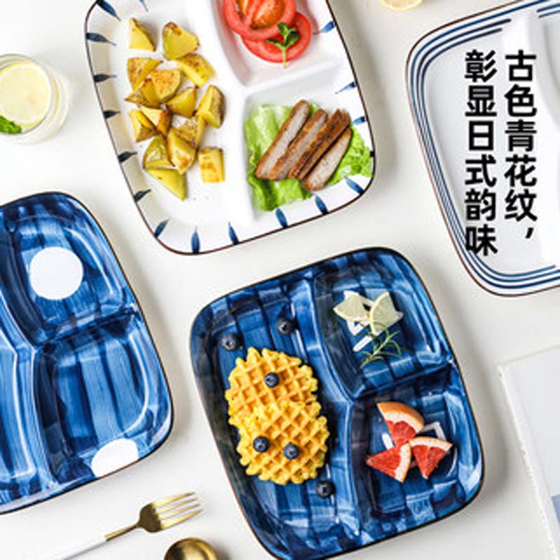FANCITY Japanese-style ceramic sub-divided dinner plate, household children's three-compartment sub-plate, breakfast plate for o