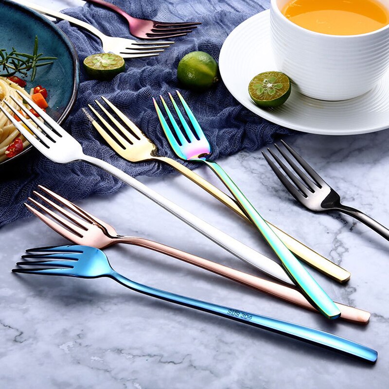 1PC Dessert Spoon Stainless Steel Vacuum Plating Coffee Dessert Stirring Spoon Shovel Long Handle Fruit Salad Forks