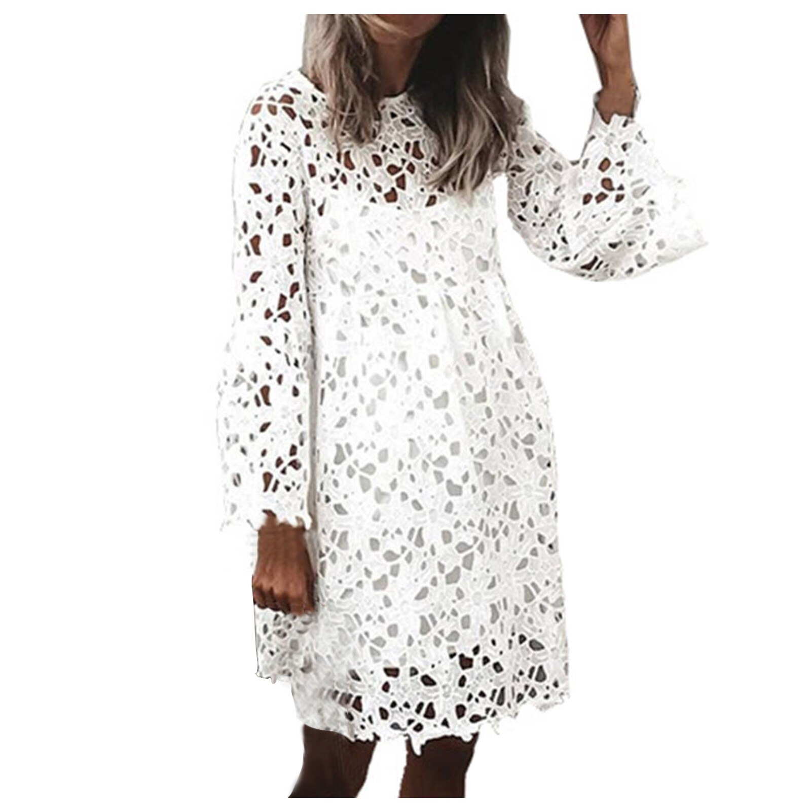 4# Summer Dress Round Neck Lace Trumpet Sleeve Ruffle Dress Long Sleeve Above Knee Mini Dress Robe Femme Платье Летнее