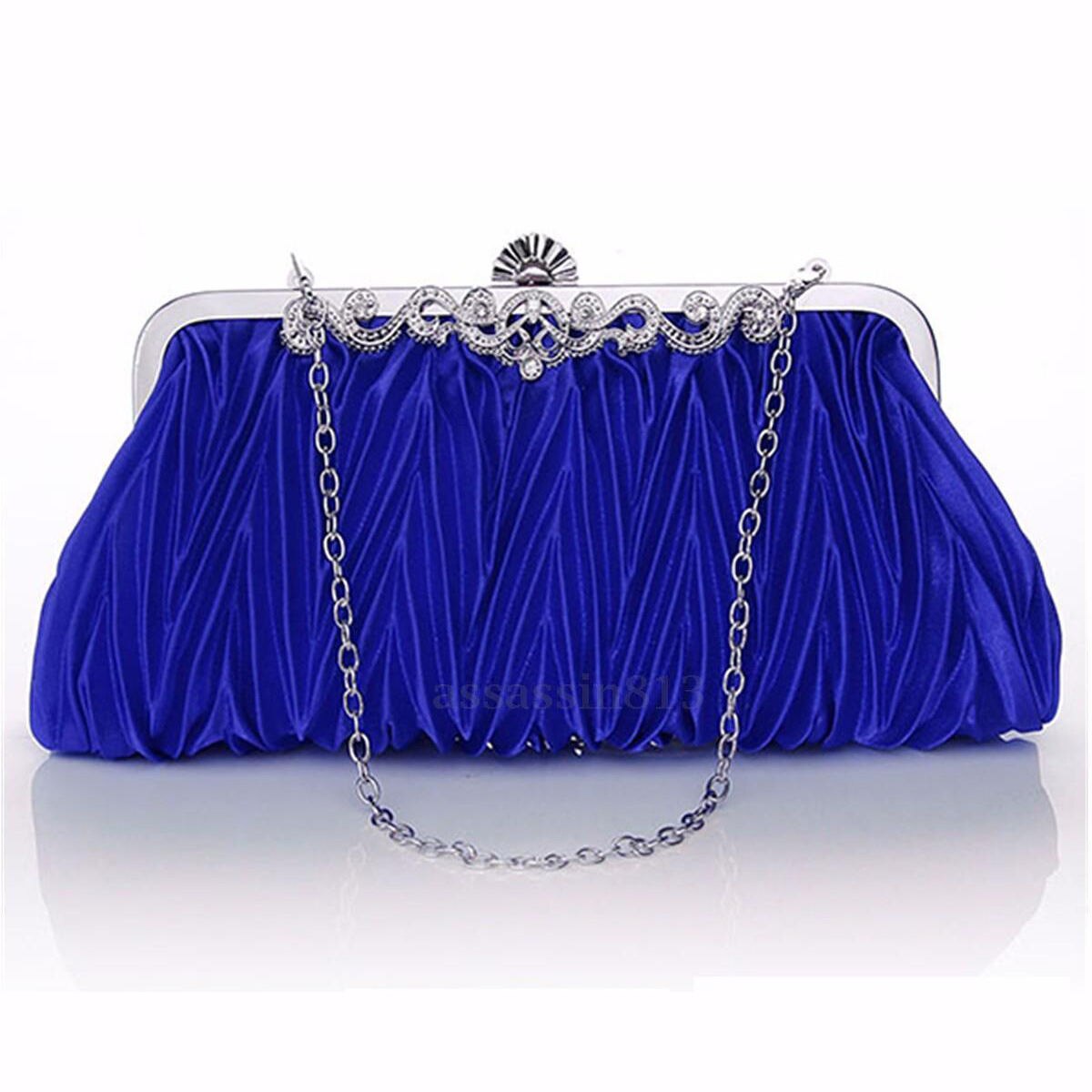 Women Pleated Satin Clutch Wedding Evening Bag Party Bridal Handbag Purse Bags: Blue