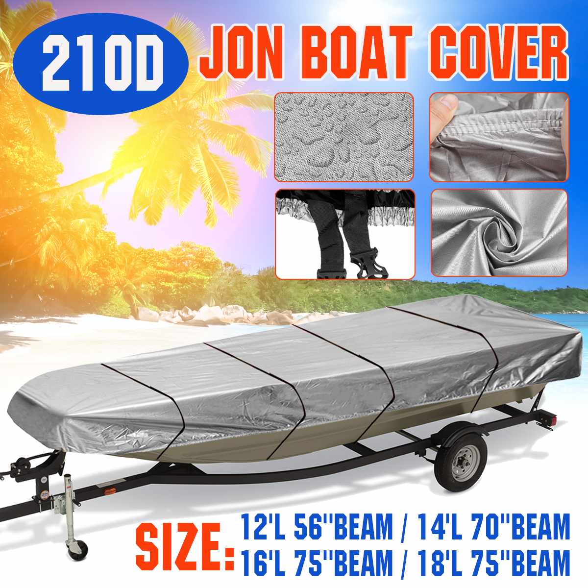210D Jon Boat Cover Winter Snow Cover 12Ft/14Ft/16Ft/18Ft Heavy Duty Marine Accessories Waterproof Sunshade Dustproof Cover
