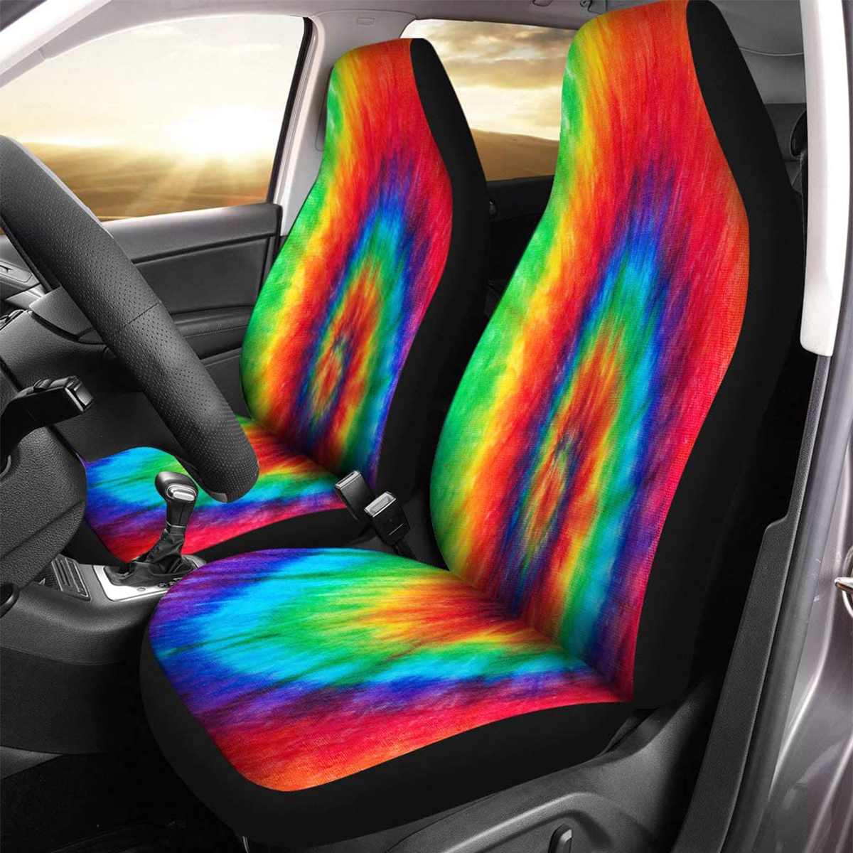 2pcs Front Car Seat Cover Automobiles Seat Covers Protector Cushion Fabric Cases Rainbow Universal For Sedan SUV Truck Auto