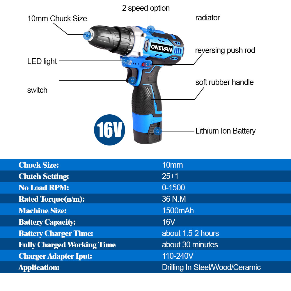 12V 16V 21V Electric Screwdriver Cordless Electric Drill Rechargeable 2PCS Lithium Battery Power Tools Sata Electric Screwdriver