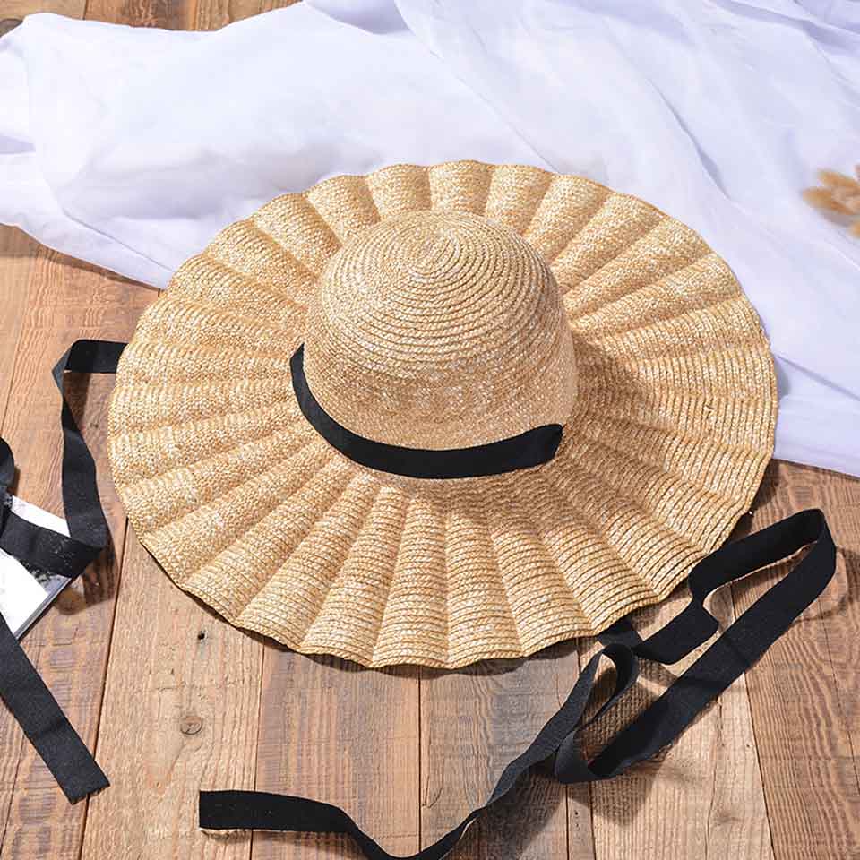 Sombrero Natural de ala ancha, sombreros ondulados con volantes, sombrero de paja de rafia, sombrero de playa con flecos para verano, sombrero tejido para el sol con cinturón blanco y negro