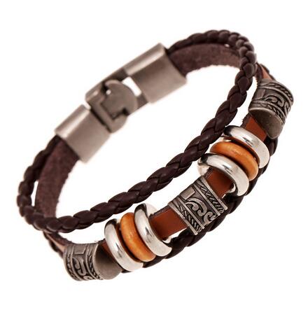 Lucky Vintage Mannen Lederen Armband Houten Kralen Charm Multilayer Gevlochten Armbanden Armbanden Vrouwen Pulseira Masculina: DK038Brown