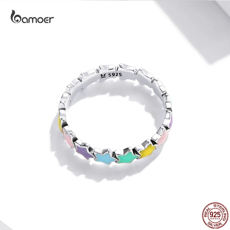 Bamoer Mode Kleur Star Silver Ring Voor Vrouwen Echt 925 Sterling Zilveren Stapelbaar Regenboog Ring Trendy Casual Sieraden
