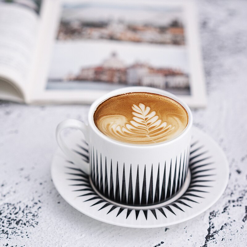 Nordic simple black and white geometric bone china coffee cup and Saucer Set with spoon afternoon tea cup home coffee shop