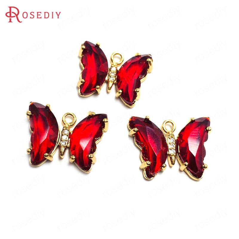 Breloques papillon en laiton, Zircon et verre, 15x20MM 24K, couleur Champagne or, pendentifs, fournitures pour la fabrication de bijoux, résultats de bricolage, 10 pièces