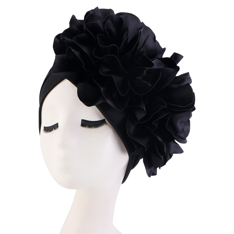 King Flower Turban Women Hair Loss Bonnet Muslim Hat Chemo Cap Hijabs Headscarf Wedding Party Hat Head Wraps Indian Hat Turbante: black