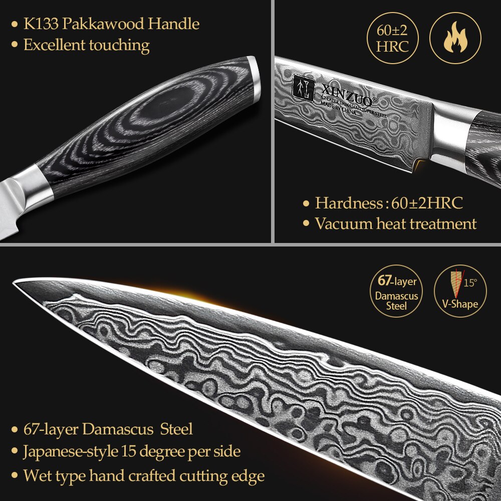 XINZUO 3,5 "Cuchillo de fruta Damasco japonés vg10 núcleo forjado cuchillo de cocina Damascus acero cocina cuchillos Mesa Parer cuchillo caja de