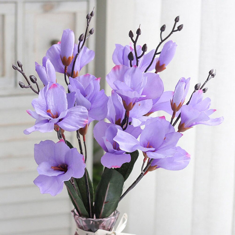 Ramo de flores artificiales de seda, plantas de simulación de Magnolia para decoración del hogar, sala de estar, propuesta de boda, 5 tenedores, 20 cabezas: Purple