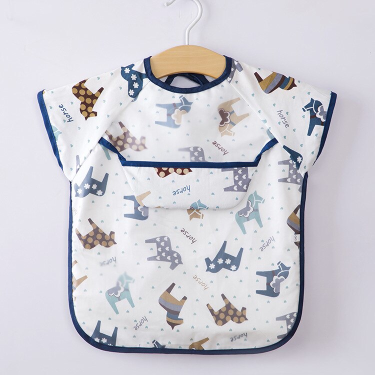 Enfant bébé Art Smock alimentation bavoir tablier poche imperméable chiffons manches longues avec receveur de nourriture: B Auspicious horse / 90cm