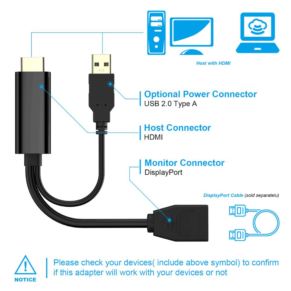 HDMI to DisplayPort Adapter Cable - 4K UHD 3840x2160 - 15cm - USB 2.0 Power - for PC Monitor TV Projector