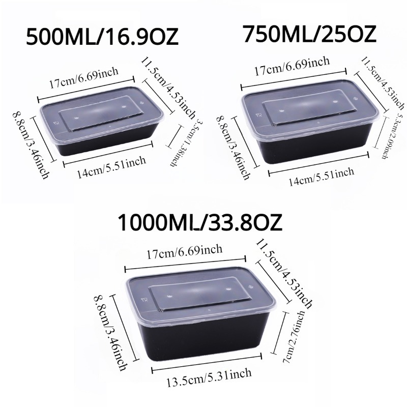 Caja de comida negra para ensalada de frutas, caja de comida para cocina, preparación de comida para llevar, almacenamiento de nevera Bento, contenedores de alimentos a prueba de fugas, 10/20 piezas