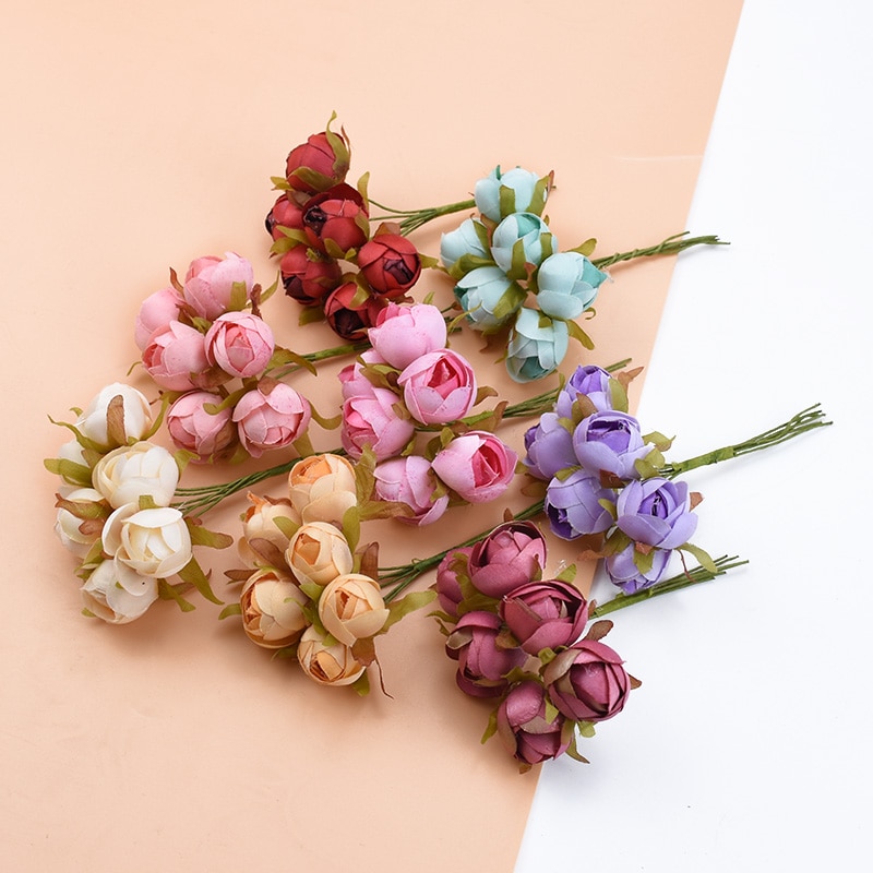 6 piezas ramo multicolor rosas de seda jarrones para decoración del hogar boda flores decorativas al por mayor guirnalda de Navidad álbum de recortes