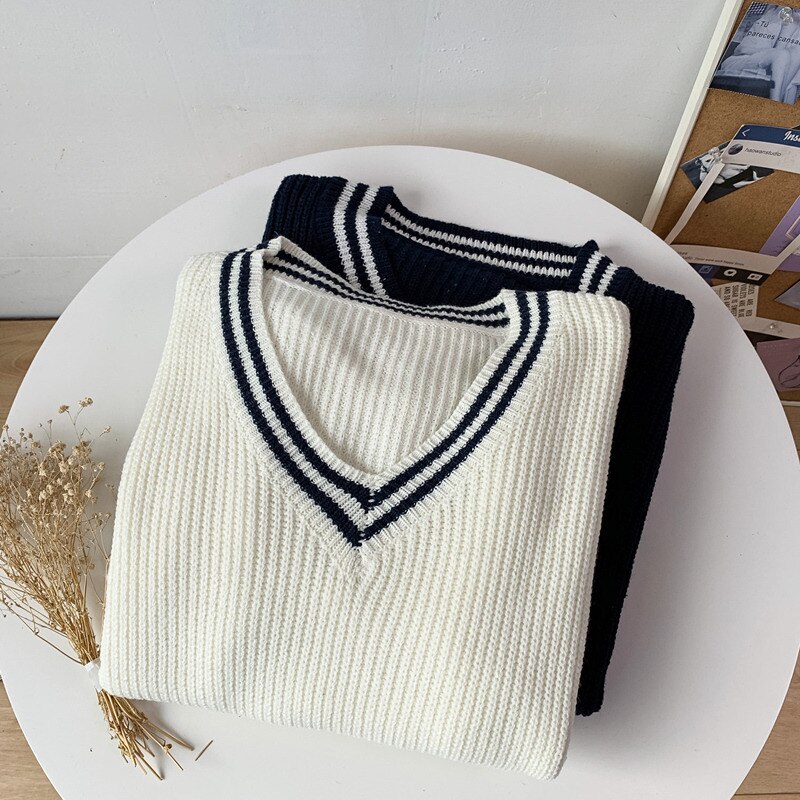 Jerséis con cuello en V para hombre, suéteres masculinos con cuello en V, estilo pijo, para parejas, fáciles de combinar, y holgado, estilo Retro para Otoño e Invierno